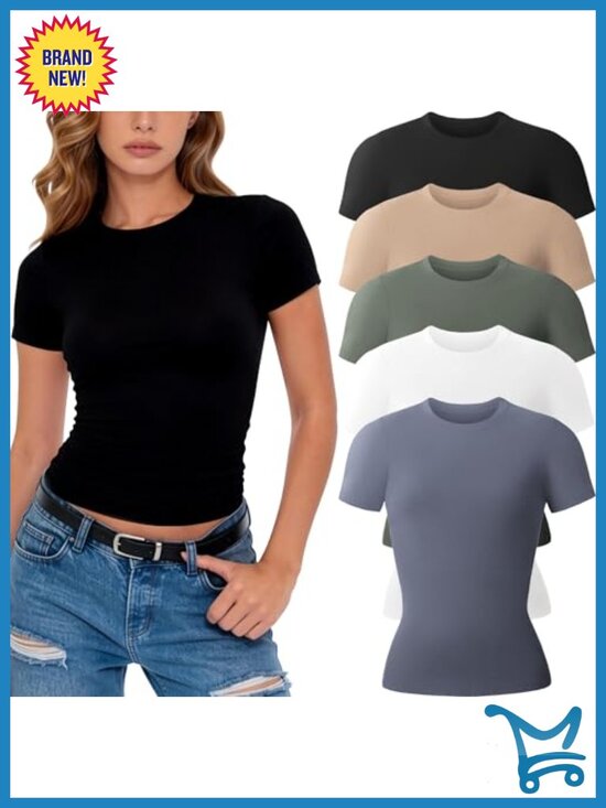 Tops - 5 Pack Women's Crew Neck Short Sleeve T-Shirts Slim Fit Stretchy Layering Tops